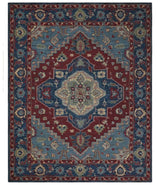 Antique look Maroon and Blue Hand Tufted Traditional Medallion wool Area Rug