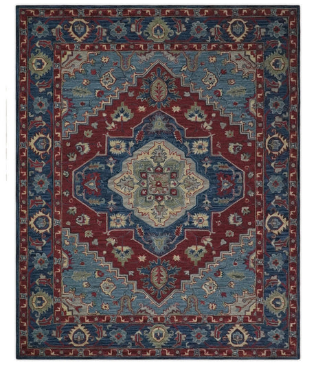Antique look Maroon and Blue Hand Tufted Traditional Medallion wool Area Rug