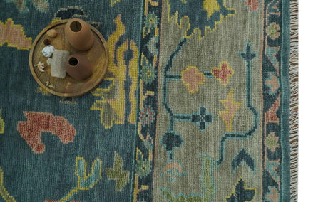 Antique look Teal and Olive Hand Knotted Traditional Oushak Custom Made wool rug