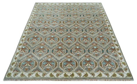 Antique look Traditional Hand Knotted Silver, Ivory and Rust Wool Area Rug