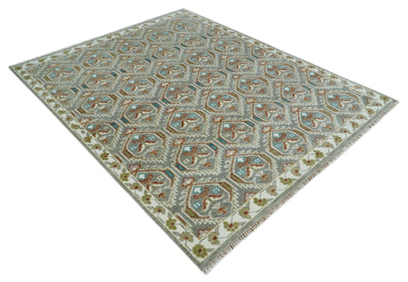 Antique look Traditional Hand Knotted Silver, Ivory and Rust Wool Area Rug
