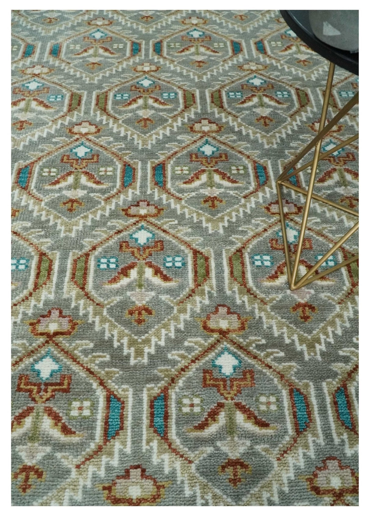Antique look Traditional Hand Knotted Silver, Ivory and Rust Wool Area Rug