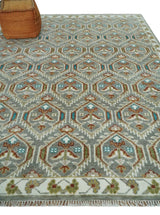 Antique look Traditional Hand Knotted Silver, Ivory and Rust Wool Area Rug
