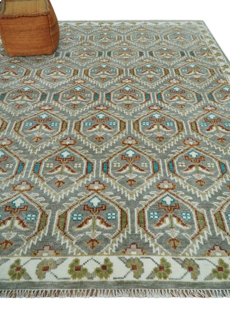 Antique look Traditional Hand Knotted Silver, Ivory and Rust Wool Area Rug