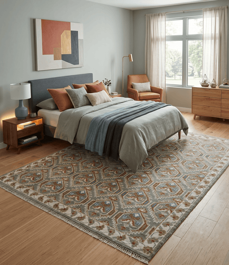Antique look Traditional Hand Knotted Silver, Ivory and Rust Wool Area Rug