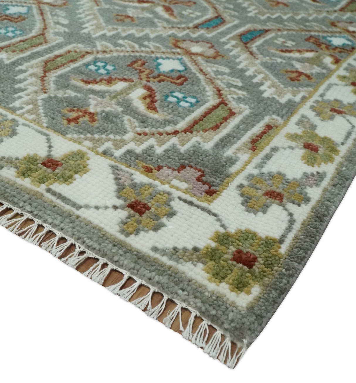 Antique look Traditional Hand Knotted Silver, Ivory and Rust Wool Area Rug