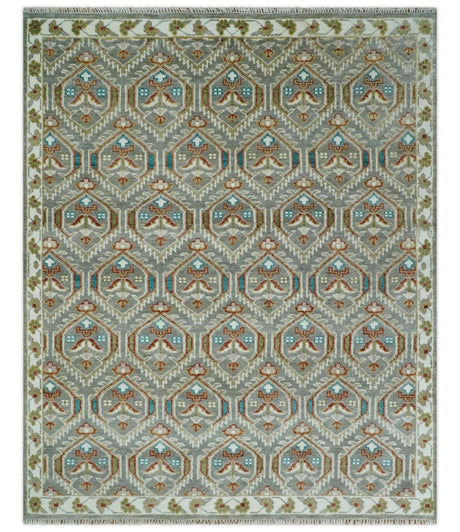 Antique look Traditional Hand Knotted Silver, Ivory and Rust Wool Area Rug