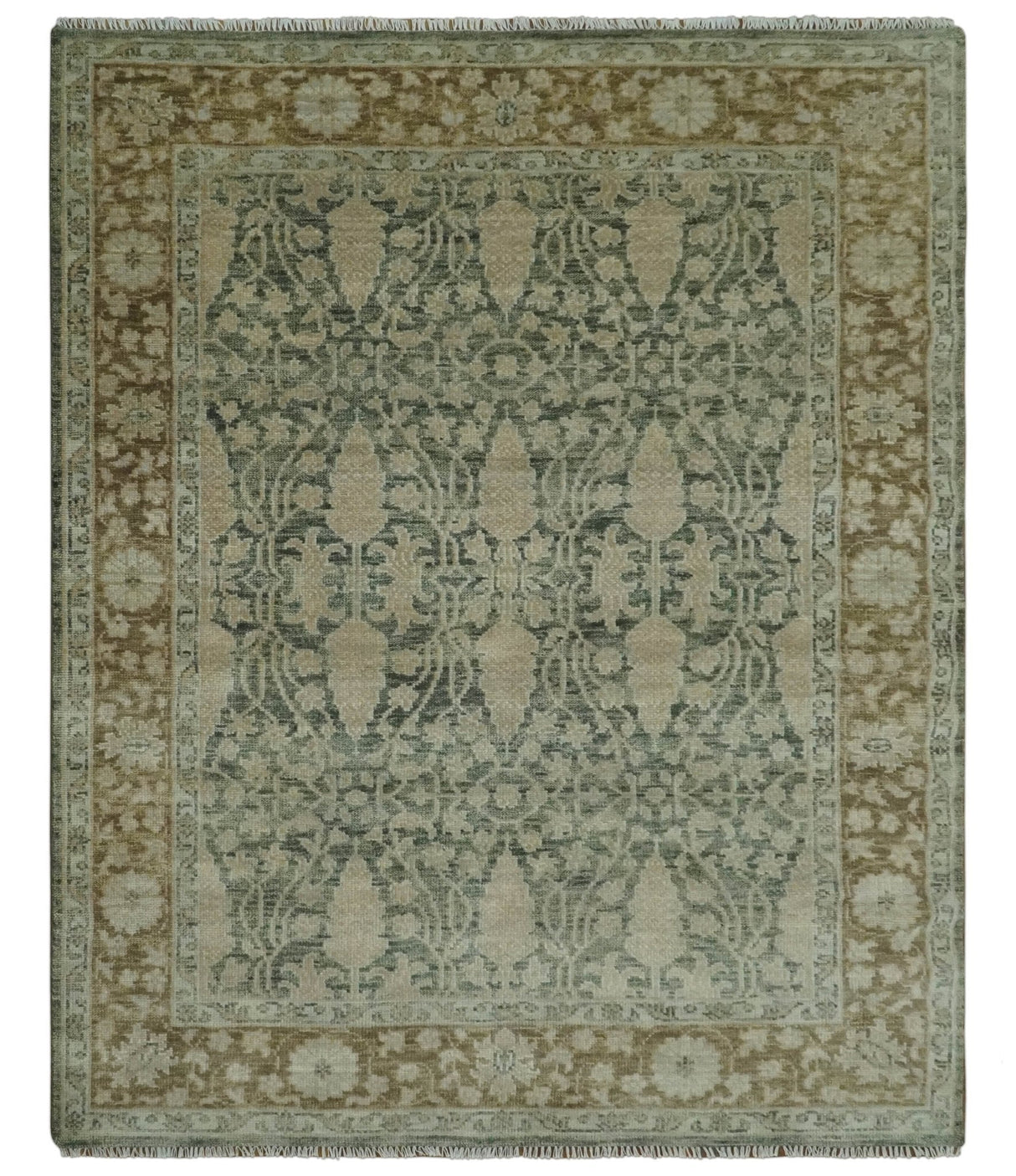 Antique look vintage style Green, Beige and Brown traditional Hand Knotted Multi Size wool rug