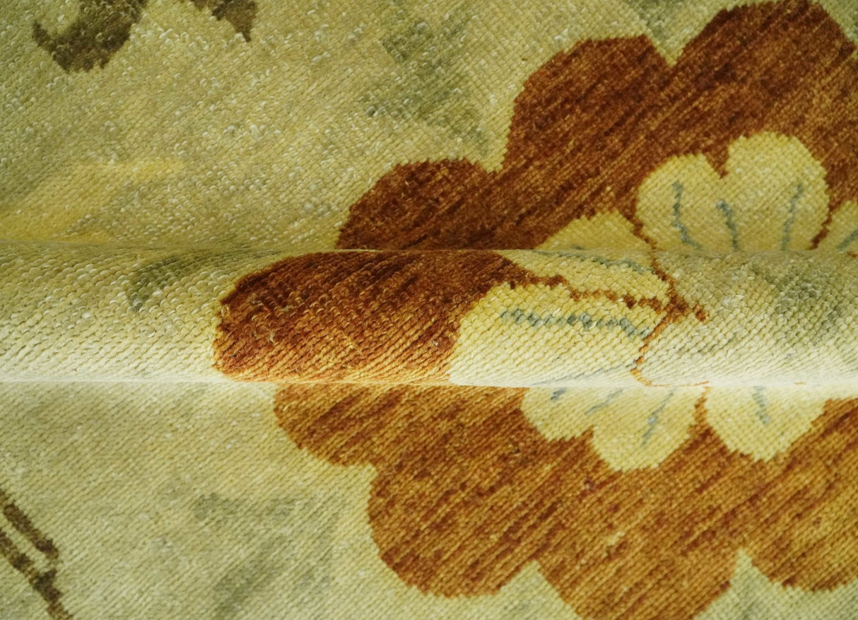 Antique Modern Floral Olive and Rust Hand Knotted Wool Rug