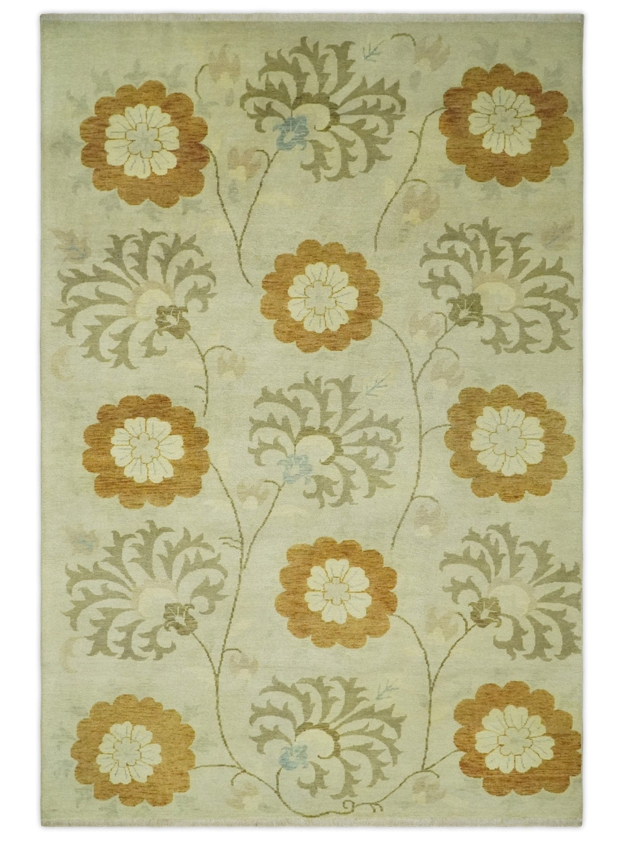 Antique Modern Floral Olive and Rust Hand Knotted Wool Rug