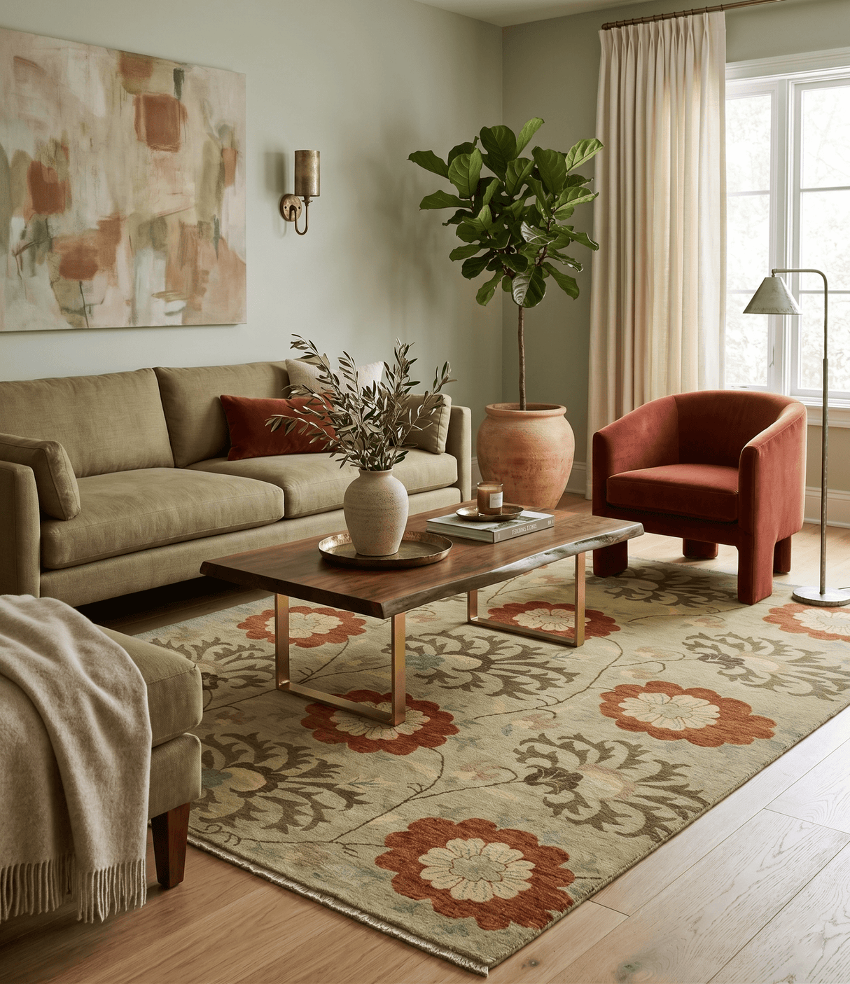 Antique Modern Floral Olive and Rust Hand Knotted Wool Rug