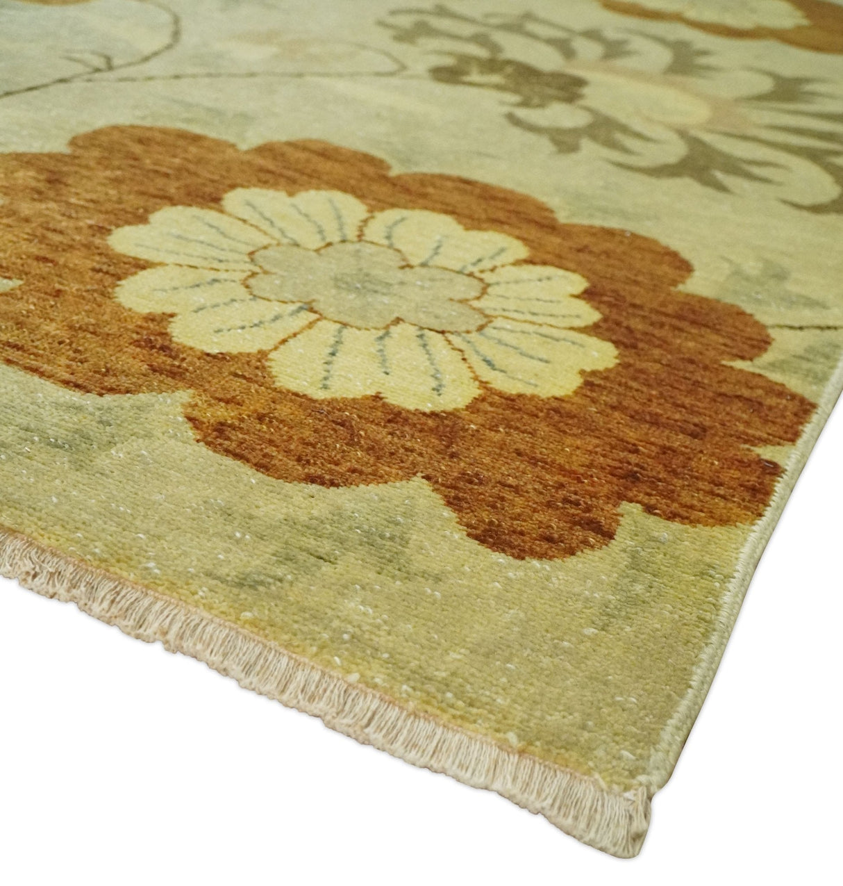 Antique Modern Floral Olive and Rust Hand Knotted Wool Rug