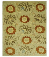 Antique Modern Floral Olive and Rust Hand Knotted Wool Rug