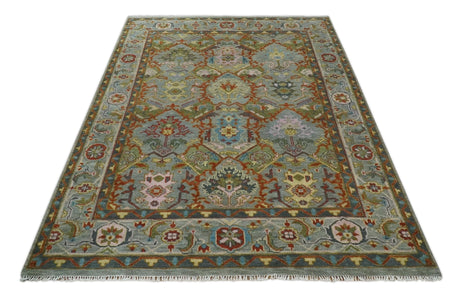 Antique Moss All Wool Traditional Persian Silver, Rust and Green Hand knotted Oushak Area Rug