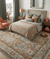 Antique Moss All Wool Traditional Persian Silver, Rust and Green Hand knotted Oushak Area Rug