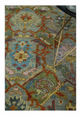 Antique Moss All Wool Traditional Persian Silver, Rust and Green Hand knotted Oushak Area Rug