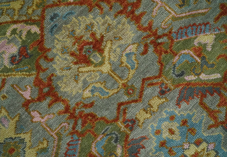 Antique Moss All Wool Traditional Persian Silver, Rust and Green Hand knotted Oushak Area Rug