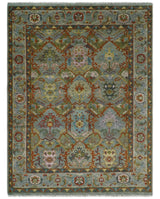 Antique Moss All Wool Traditional Persian Silver, Rust and Green Hand knotted Oushak Area Rug