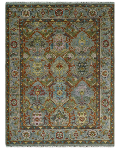Antique Moss All Wool Traditional Persian Silver, Rust and Green Hand knotted Oushak Area Rug