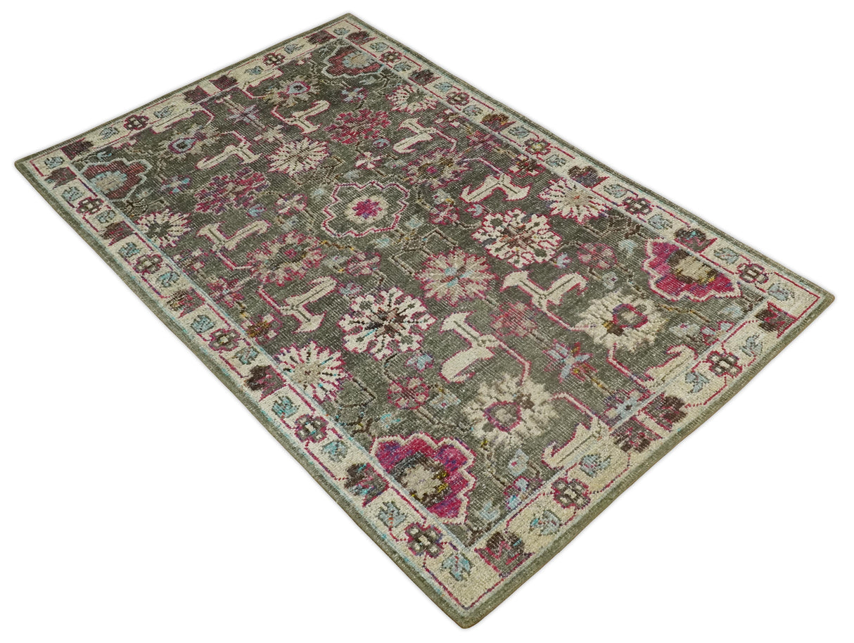 Antique Moss Green 5x8 Hand Knotted Beige and Pink Bamboo Silk Area Rug
