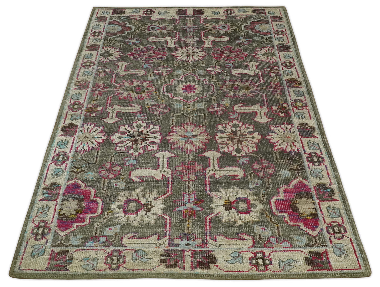 Antique Moss Green 5x8 Hand Knotted Beige and Pink Bamboo Silk Area Rug