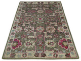 Antique Moss Green 5x8 Hand Knotted Beige and Pink Bamboo Silk Area Rug