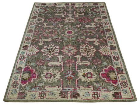 Antique Moss Green 5x8 Hand Knotted Beige and Pink Bamboo Silk Area Rug