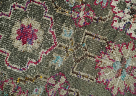 Antique Moss Green 5x8 Hand Knotted Beige and Pink Bamboo Silk Area Rug