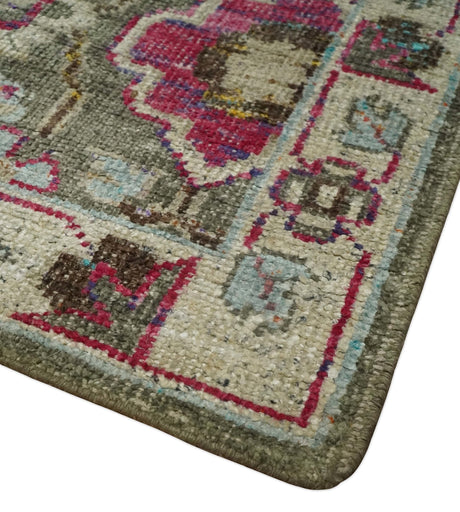 Antique Moss Green 5x8 Hand Knotted Beige and Pink Bamboo Silk Area Rug