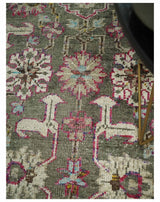 Antique Moss Green 5x8 Hand Knotted Beige and Pink Bamboo Silk Area Rug