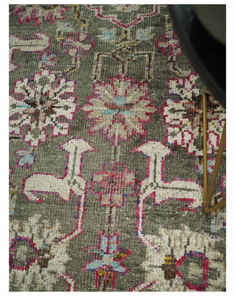 Antique Moss Green 5x8 Hand Knotted Beige and Pink Bamboo Silk Area Rug