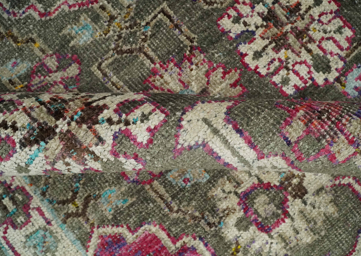 Antique Moss Green 5x8 Hand Knotted Beige and Pink Bamboo Silk Area Rug