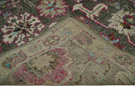 Antique Moss Green 5x8 Hand Knotted Beige and Pink Bamboo Silk Area Rug