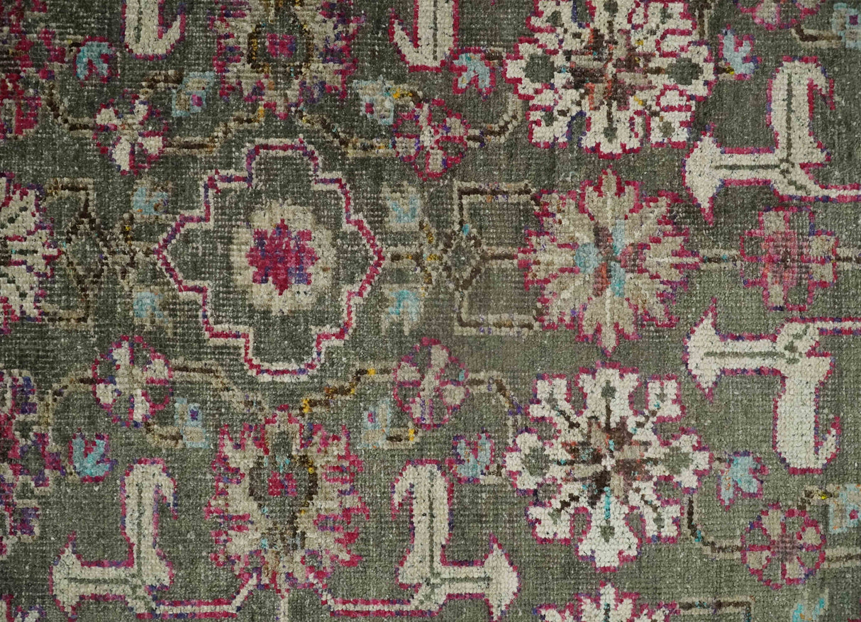 Antique Moss Green 5x8 Hand Knotted Beige and Pink Bamboo Silk Area Rug