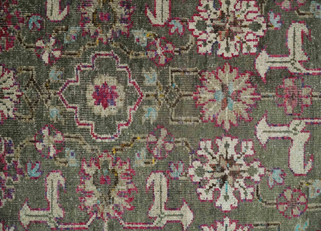 Antique Moss Green 5x8 Hand Knotted Beige and Pink Bamboo Silk Area Rug