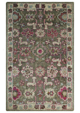 Antique Moss Green 5x8 Hand Knotted Beige and Pink Bamboo Silk Area Rug