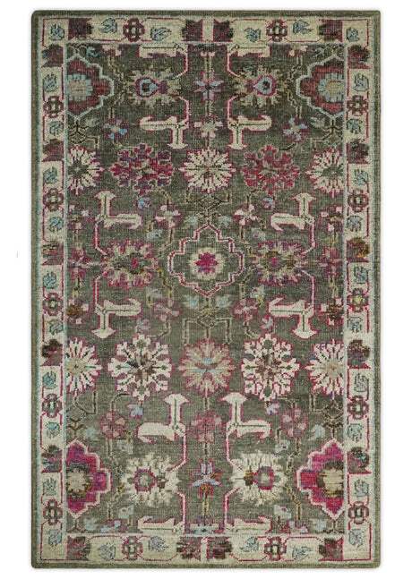 Antique Moss Green 5x8 Hand Knotted Beige and Pink Bamboo Silk Area Rug