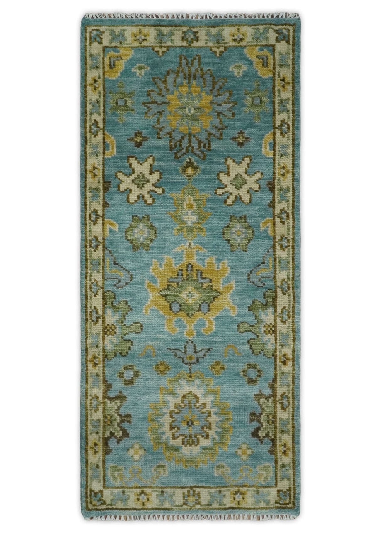 Antique Moss Green and Blue Wool Hand Knotted Traditional Oriental Oushak Wool Area Rug