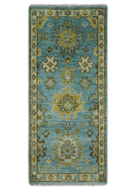 Antique Moss Green and Blue Wool Hand Knotted Traditional Oriental Oushak Wool Area Rug