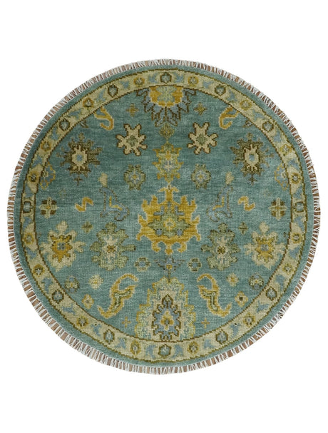Antique Moss Green and Blue Wool Hand Knotted Traditional Oriental Oushak Wool Area Rug