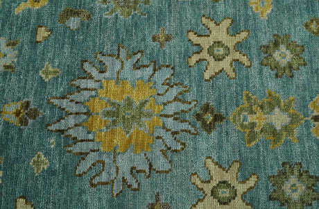 Antique Moss Green and Blue Wool Hand Knotted Traditional Oriental Oushak Wool Area Rug