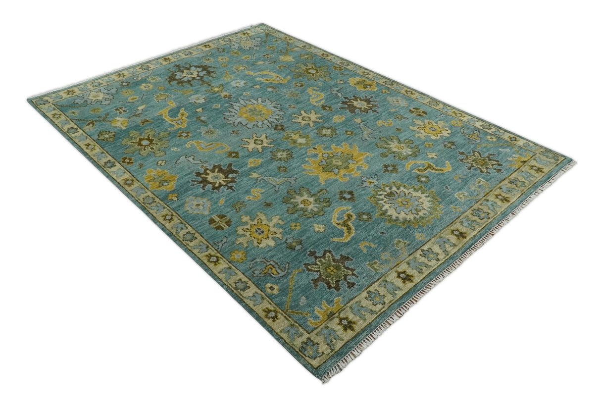 Antique Moss Green and Blue Wool Hand Knotted Traditional Oriental Oushak Wool Area Rug