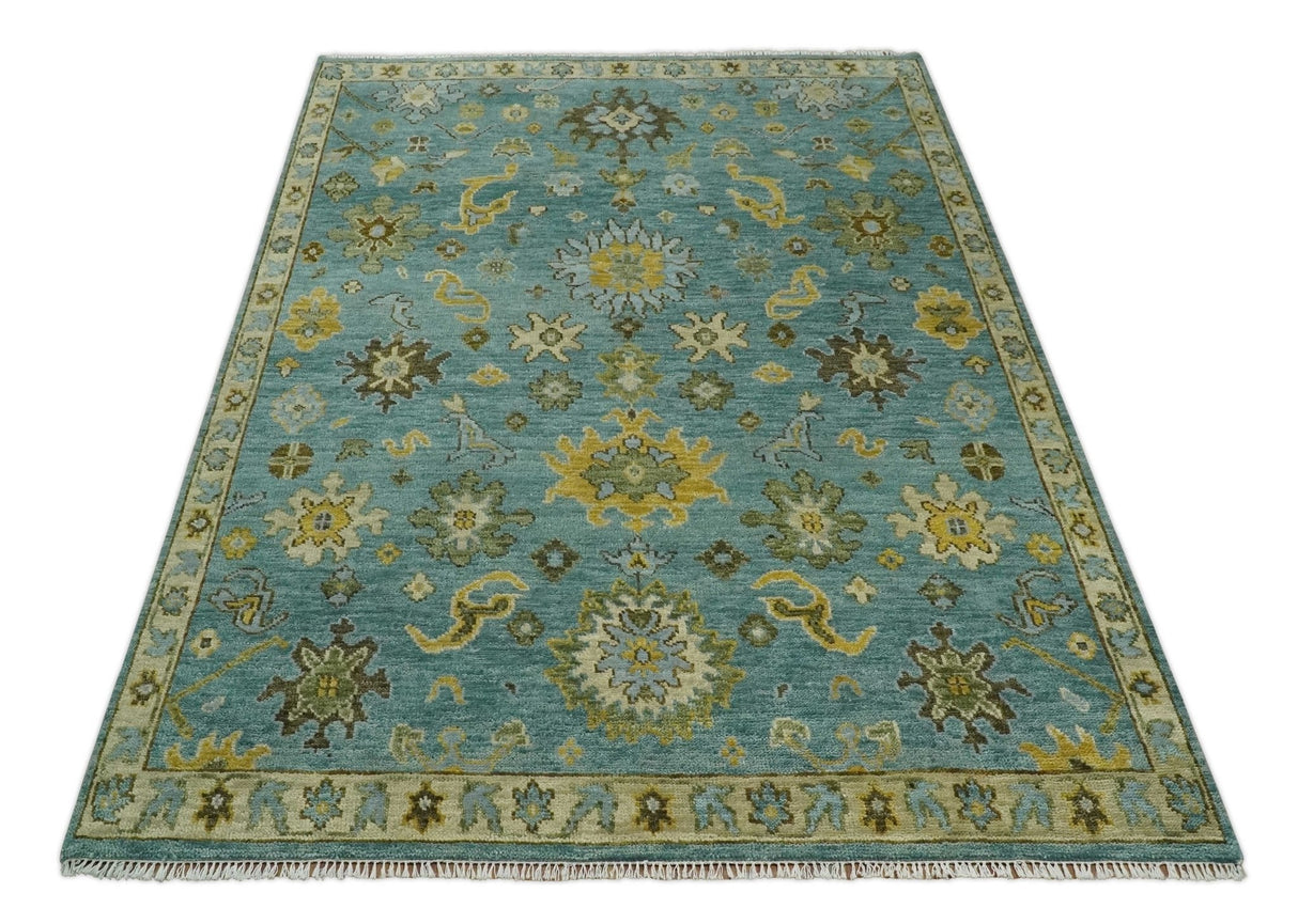 Antique Moss Green and Blue Wool Hand Knotted Traditional Oriental Oushak Wool Area Rug