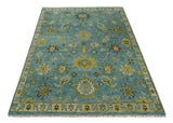 Antique Moss Green and Blue Wool Hand Knotted Traditional Oriental Oushak Wool Area Rug