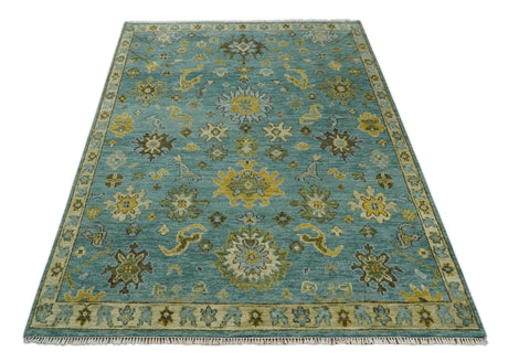 Antique Moss Green and Blue Wool Hand Knotted Traditional Oriental Oushak Wool Area Rug