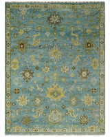 Antique Moss Green and Blue Wool Hand Knotted Traditional Oriental Oushak Wool Area Rug