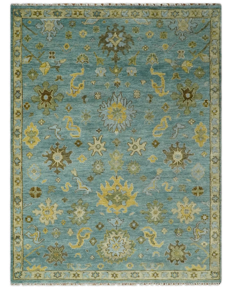 Antique Moss Green and Blue Wool Hand Knotted Traditional Oriental Oushak Wool Area Rug