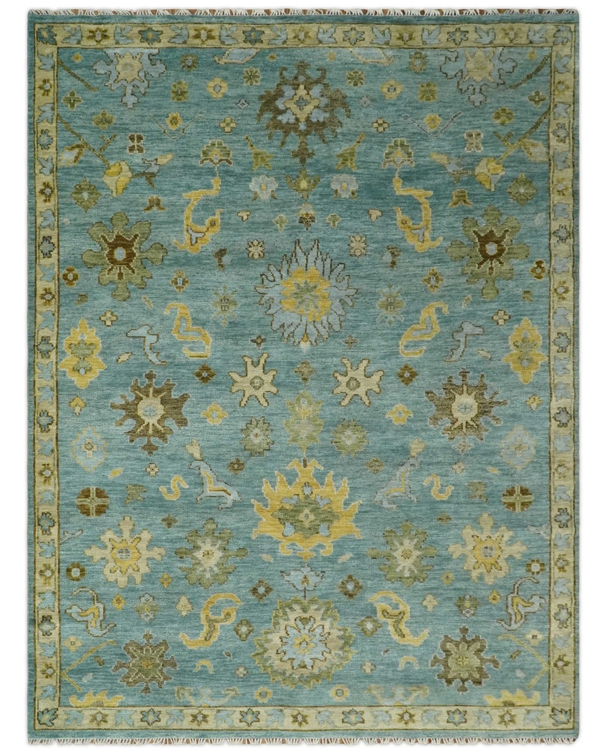 Antique Moss Green and Blue Wool Hand Knotted Traditional Oriental Oushak Wool Area Rug
