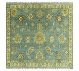 Antique Moss Green and Blue Wool Hand Knotted Traditional Oriental Oushak Wool Area Rug