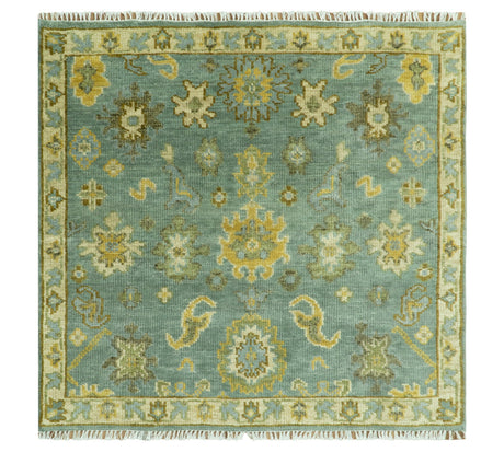 Antique Moss Green and Blue Wool Hand Knotted Traditional Oriental Oushak Wool Area Rug